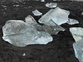 ice chunks on a black sand beach