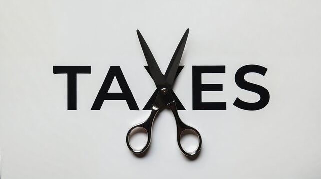 A pair of scissors with their blades crossed over the word "TAXES" written in black text. The scissors are positioned on "x" letter.