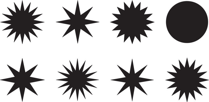 Graphic element featuring a set of celestial shapes in black silhouette, showcasing diverse spiky starbursts, ideal for creative projects and artistic compositions with a solid round form included.