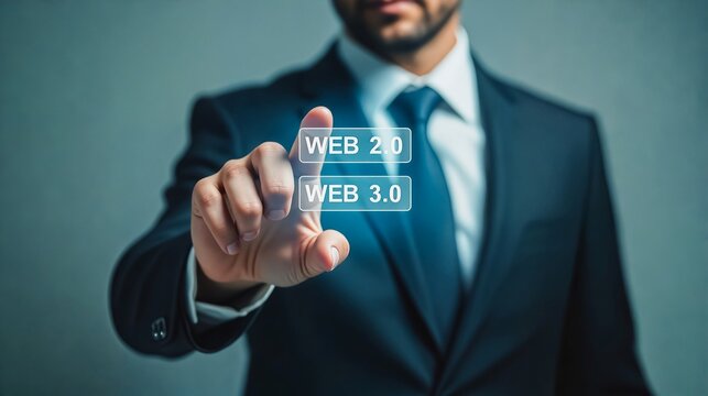 Web 2.0 vs Web 3.0 Presentation, A businessman in a dark blue suit points to a screen displaying a comparison of Web 2.0 and Web 3.0 concepts. Ideal for illustrating technology evolution.