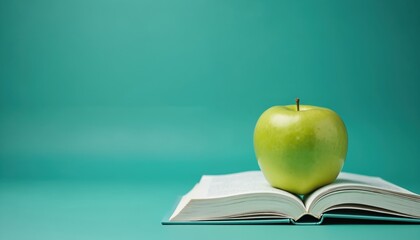 Open book green apple, education knowledge, lies against teal background. Academic, classroom concept. Fresh fruit combined with literature, learning. Healthy lifestyle, modern design for study.