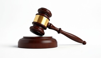 Wooden gavel with golden band isolated on white. Symbol of justice decision in court, auction or legal proceedings. Judge hammer on block in courtroom. Concept of law, order, power, authority.