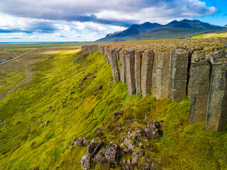 Areal view of Gerduberg basalt column cliffs, Snæfellsnes Peninsula, Iceland