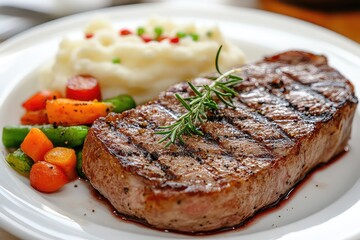 Close-up of a beautifully plated steak with sides of vegetables and mashed potatoes