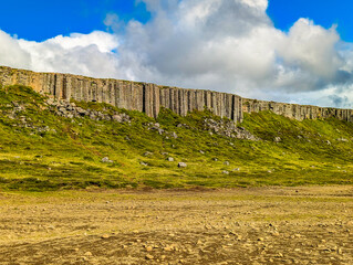 Areal view of Gerduberg basalt column cliffs, Snæfellsnes Peninsula, Iceland