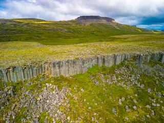 Areal view of Gerduberg basalt column cliffs, Snæfellsnes Peninsula, Iceland