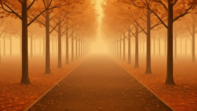 An autumnlined road disappears into a dense orange fog with trees forming parallel lines on each side