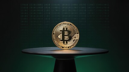 Golden bitcoin coin displayed on a dark stand against a background of digital binary code