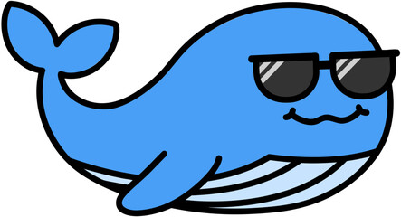  바다에 사는 해양생물 캐릭터 선글라스를 쓴 고래 돌고래 일러스트