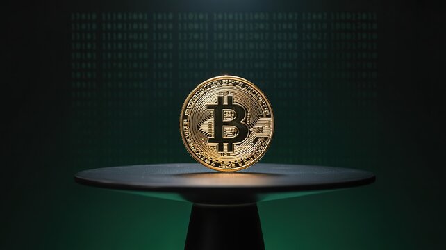Golden bitcoin coin displayed on a dark stand against a background of digital binary code