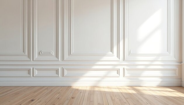 Empty minimalist interior white wall with classic style molding and wooden floor. Bright sunlight creates shadows. Blank home room. Ideal backdrop for design decor product showcase.