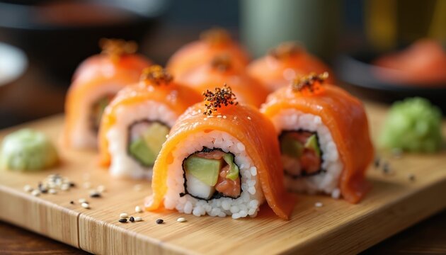 Sushi rolls served on a bamboo board with wasabi. Fresh sushi with salmon, avocado, rice, fish ingredients. Japanese cuisine delicacy. Traditional asian food background.