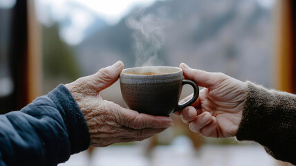 Elderly senior hands passing a steaming cup of coffee in a peaceful setting
