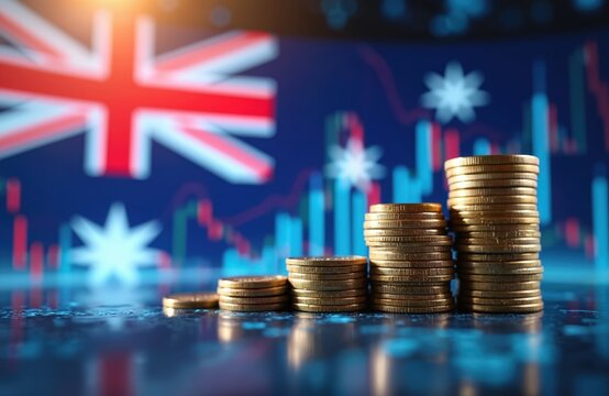 Australian economy finance concept. Stacked gold coins against stock market graph, Australian flag background. Financial growth, investment, global market, business concept. - Powered by Adobe