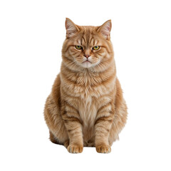 Fluffy orange tabby cat sitting looking forward isolated on a transparent background