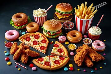 A colorful assortment of junk food including pizza, burgers, fries, and chicken