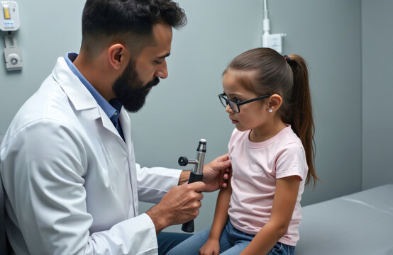 Latino doctor medic checks reflexes of girl patient with hammer in clinic. Physician examines patient. Girl in glasses sitting at doctor appointment. Health care medicine and checkup concept.