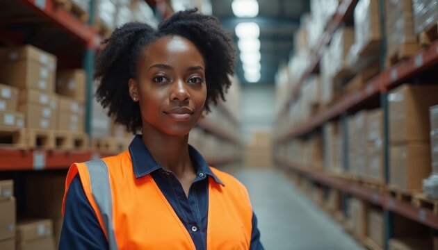 African American woman warehouse worker, looking at camera smiling. Logistics, shipping industry concept. Industrial worker in safety vest, background storage with boxes. Young female, black
