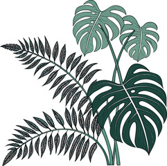 Vibrant jungle foliage illustration featuring a mysterious stylized monster emerging from lush green leaves and vines perfect for fantasy or nature themed designs