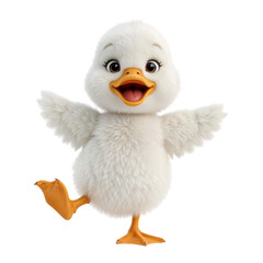 Fluffy white duckling with orange beak and feet dancing isolated on a transparent background