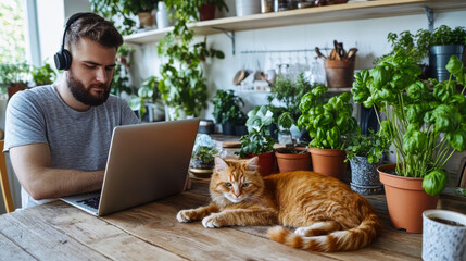 Man working remotely with a ginger cat on a wooden table in a rustic kitchen filled with green plants
