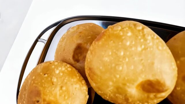 Delicious Bhatura and Chole dish on a black tray, featuring fried dough and flavorful chickpea curry, garnished with fresh cilantro.