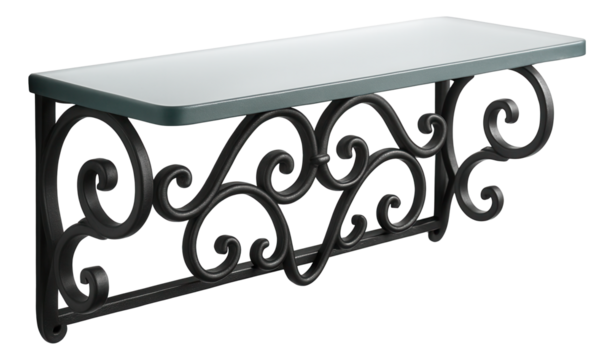 A black wrought iron shelf with scrollwork design for a classic bathroom.
