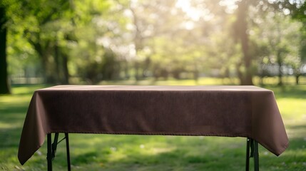 Naklejka premium Brown Tablecloth on Folding Table Outdoors in Sunny Park