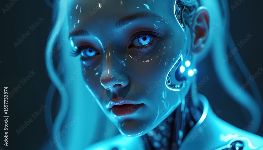 Poster close-up of cybernetic humanoid female face with glowing blue lights. artificial intelligence androi