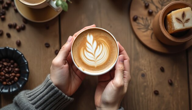 Person holding latte cup with leaf art design in hands. Morning coffee on wooden table with espresso beans, breakfast aroma. Cosy cafe vibes, art, caffeine drink, milk foam.
