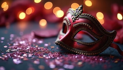 Red and black masquerade mask with gold glitter on table. Luxury design for masquerade ball. Festive event with costume. Party decor, celebration, holiday, fun, theatre, carnival.