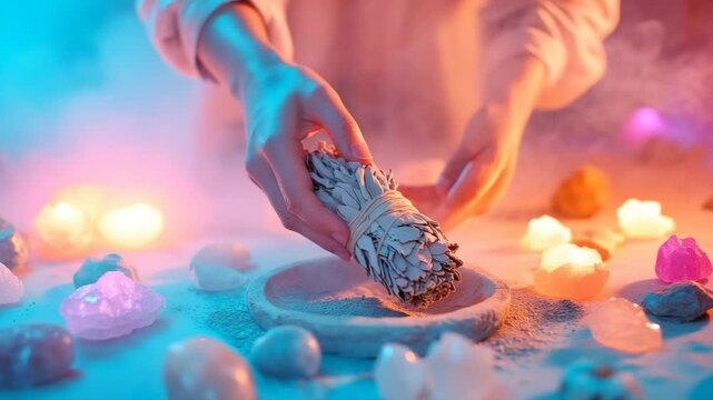 Woman's hands smudging with white sage bundle, creating a mystical atmosphere with candles and crystals.