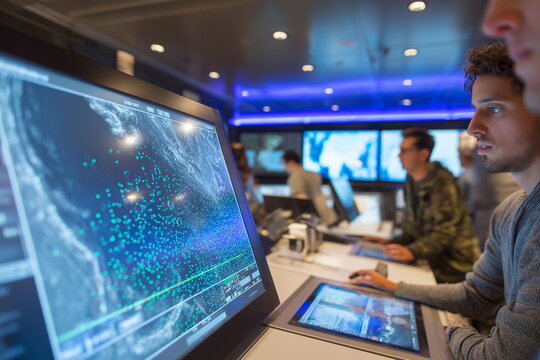 Inside a futuristic control room, a large transparent radar screen displaying multiple tracking dots and waveforms, with technicians monitoring the data on touchscreen consoles.