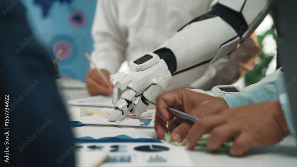 Aufkleber a futuristic robot arm assists professionals in analyzing business reports and data in a modern work