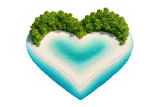 Heart-shaped tropical island with turquoise water surrounding, symbolizing romantic travel destination, isolated on transparent background - Powered by Adobe