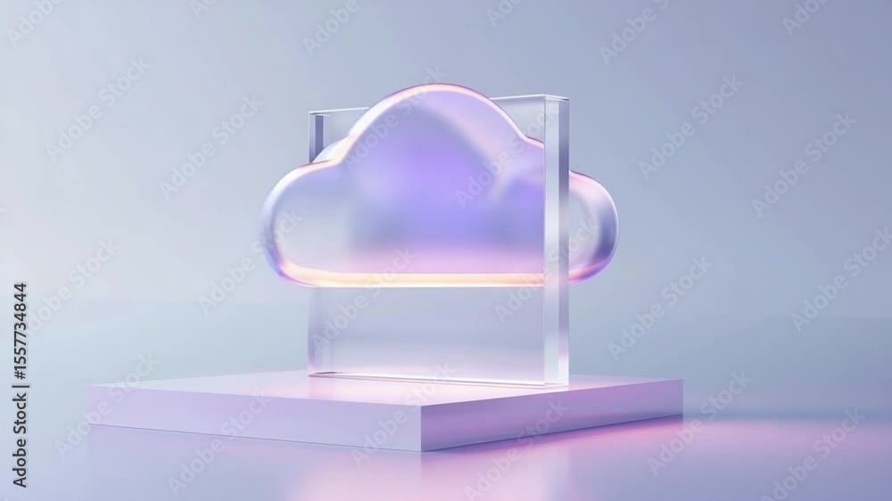 Poster Cloud Computing Representation: A captivating visual of a transparent cloud, symbolizing data storage and accessibility, showcased atop a minimalist pedestal, evoking the concept of modern technology