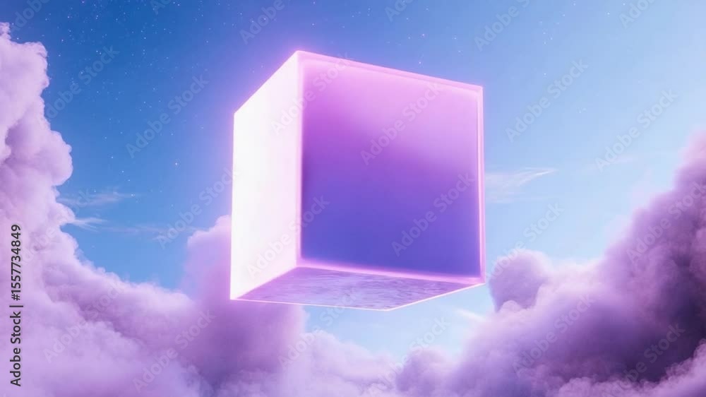 Poster The Floating Cube: An eye-level shot of a luminous purple cube floating in a dreamy sky filled with cotton-candy clouds, evoking mystery and wonder.
