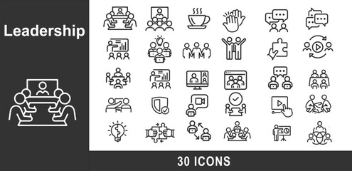 Leadership icon set. Containing teamwork, collaboration, meeting, manager, discussion, communication, planning, coaching, and more.