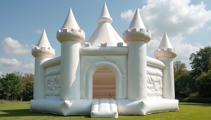 White inflatable bouncy castle on green grass, perfect for wedding. Outdoor event with fun party, decoration. Unique and joyful celebration for bride groom.
