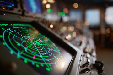 A close-up view of a radar screen glowing green with sweeping radar lines, blips indicating detected objects, and a dark control panel with buttons and switches.