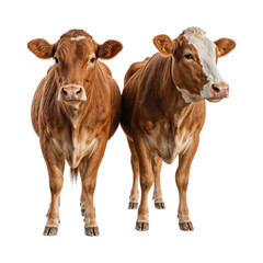 Two brown cows standing together isolated on a transparent background cattle white