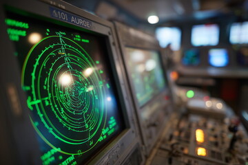 A close-up view of a radar screen glowing green with sweeping radar lines, blips indicating detected objects, and a dark control panel with buttons and switches.