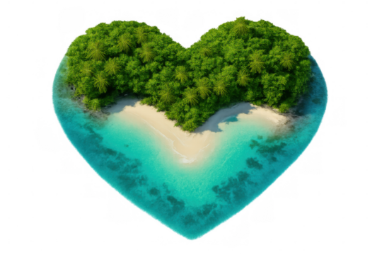 Verdant foliage enveloping heart-shaped tropical island, turquoise waters surrounding lush landscape, creating romantic aerial view with pristine transparent backdrop