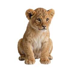 Young lion cub sitting with light brown fur and golden eyes isolated on a transparent background
