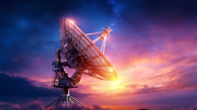 Satellite dish communication technology sunset sky antenna science network transmission dramatic scene with large metal structure, astronomy, inspiring clouds, and futuristic lighting for advanced