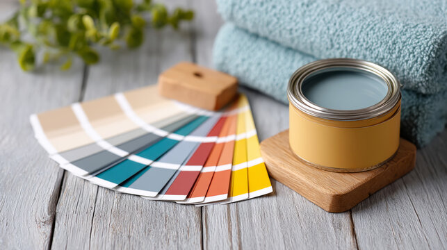 Color palette and open paint can with towels on wooden surface