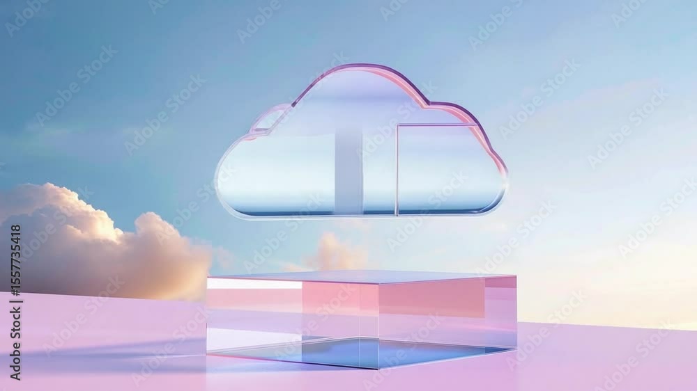 Poster Cloud computing concept: An ethereal cloud floats serenely above a transparent pedestal, set against a backdrop of a gradient sky. Evoking concepts of digital transformation, and innovative solutions.