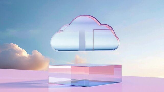 Cloud computing concept: An ethereal cloud floats serenely above a transparent pedestal, set against a backdrop of a gradient sky. Evoking concepts of digital transformation, and innovative solutions.