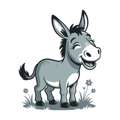 Cute Cartoon Donkey with a Happy Expression in a Grassy Field cheerful cartoon donkey wide smile and closed eyes stands grassy field flowers