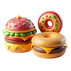 Stylized burger and donuts with sprinkles isolated on a transparent background food icon